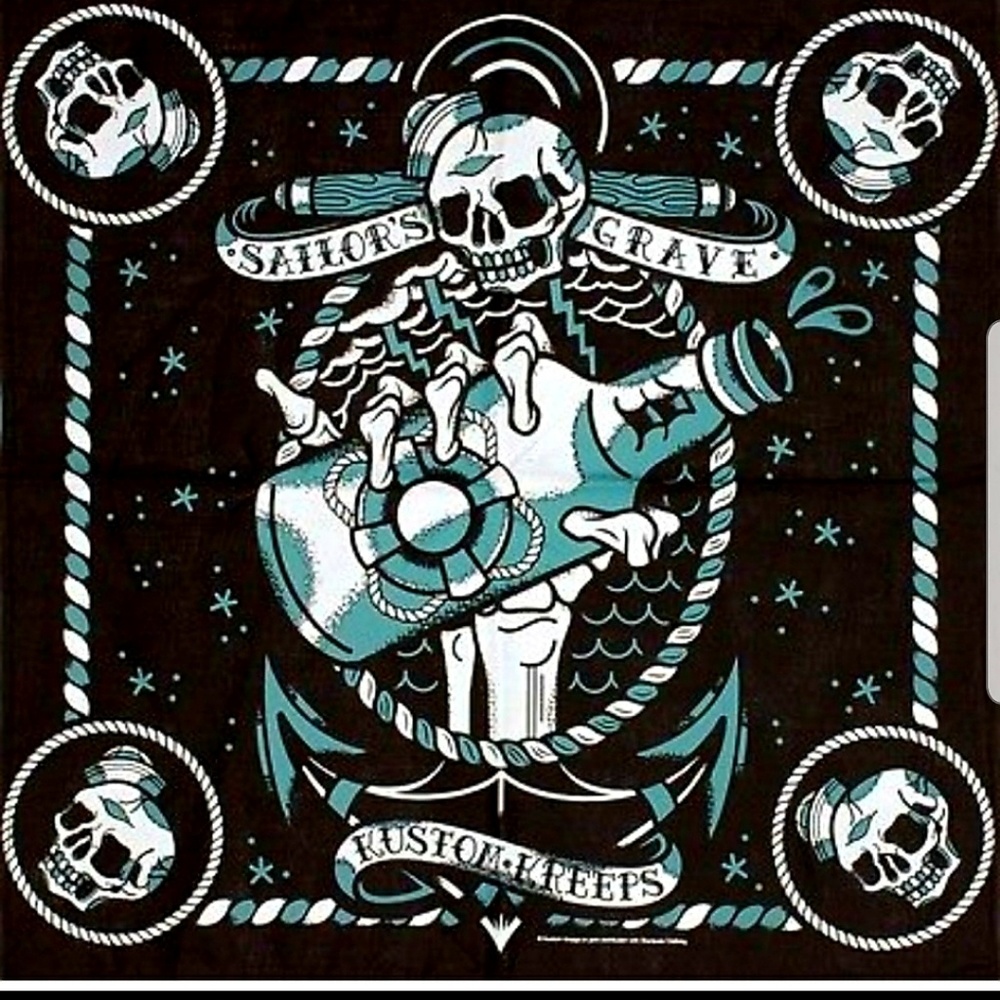 Sourpuss Sailors Grave 21" X 21" Bandana Skulls Skeleton Hand Holding Rum Bottle